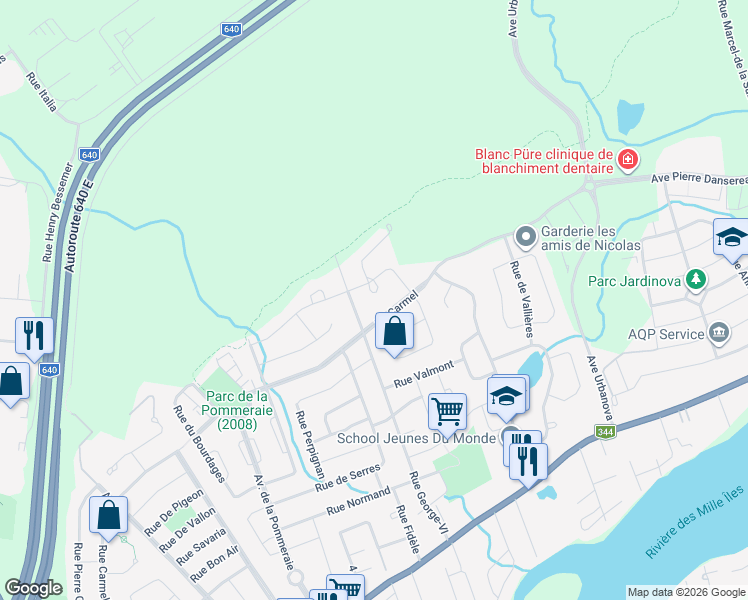 map of restaurants, bars, coffee shops, grocery stores, and more near 274 Rue de Briançon in Terrebonne