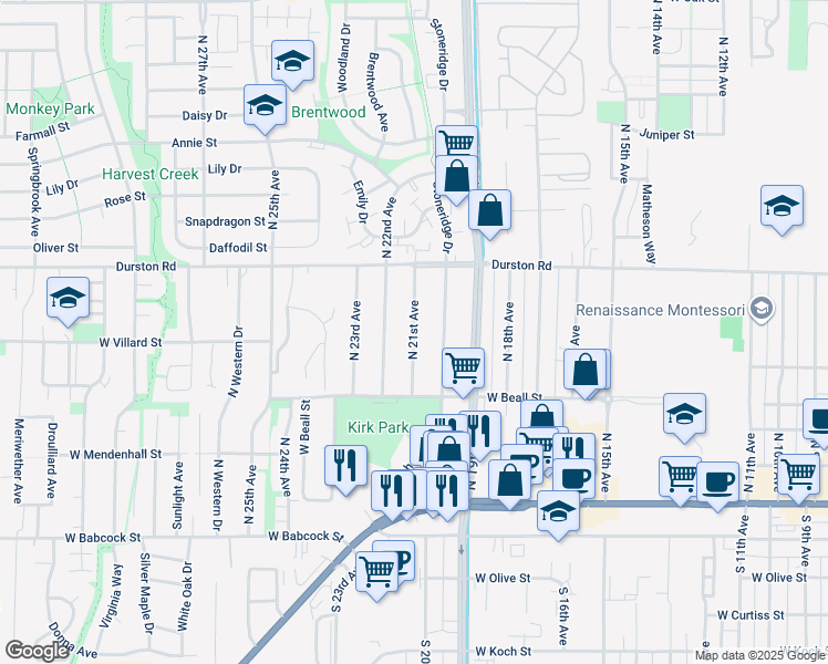 map of restaurants, bars, coffee shops, grocery stores, and more near North 21st Avenue in Bozeman