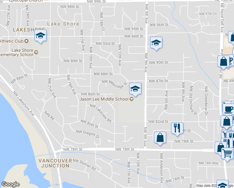 map of restaurants, bars, coffee shops, grocery stores, and more near 1117 Northwest 86th Circle in Vancouver