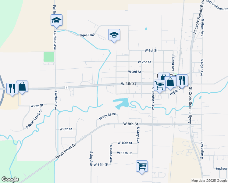 map of restaurants, bars, coffee shops, grocery stores, and more near 165 S Irving Ave in Rush City
