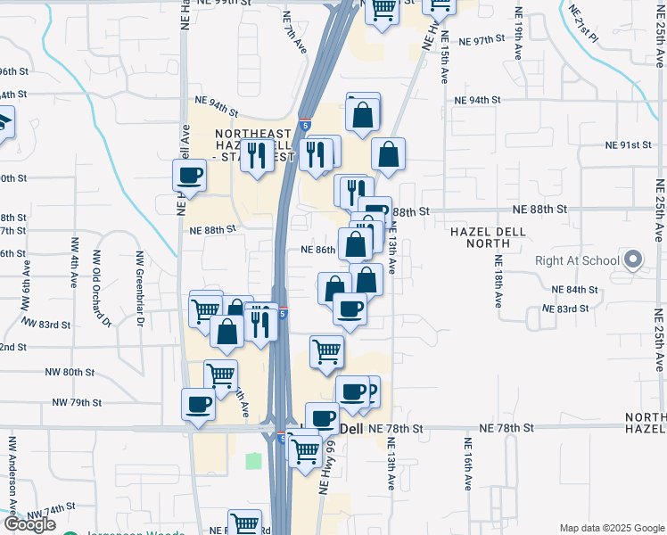 map of restaurants, bars, coffee shops, grocery stores, and more near 8600 Northeast 8th Avenue in Vancouver