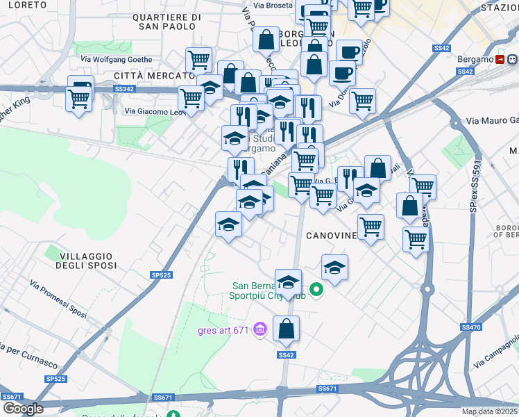 map of restaurants, bars, coffee shops, grocery stores, and more near 36 Via San Tomaso de' Calvi in Bergamo