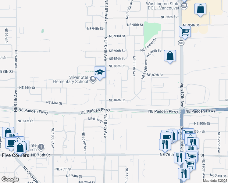 map of restaurants, bars, coffee shops, grocery stores, and more near 8413 Northeast 108th Avenue in Vancouver