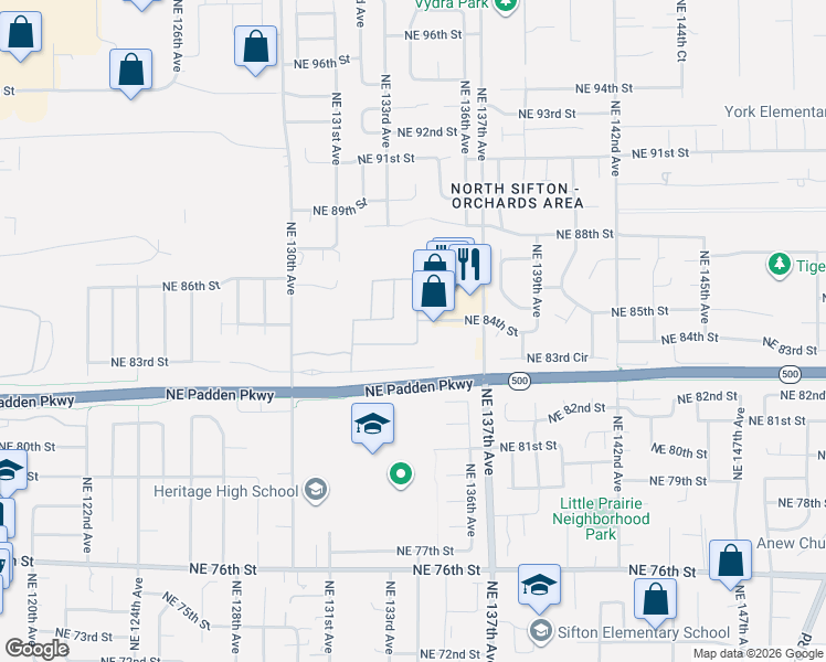 map of restaurants, bars, coffee shops, grocery stores, and more near 8312 Northeast 134th Place in Vancouver