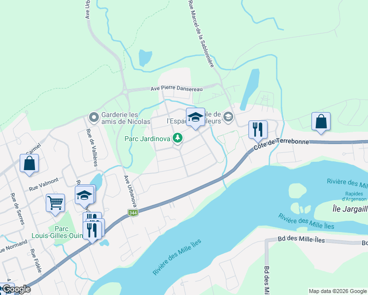 map of restaurants, bars, coffee shops, grocery stores, and more near 852 Rue Marie-Gérin-Lajoie in Terrebonne