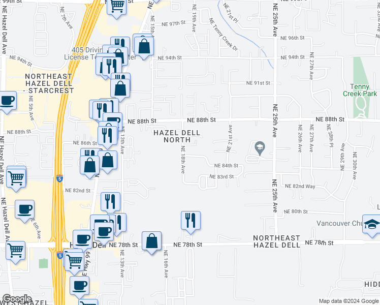 map of restaurants, bars, coffee shops, grocery stores, and more near 1806 Northeast 84th Way in Vancouver