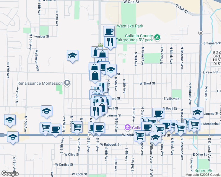 map of restaurants, bars, coffee shops, grocery stores, and more near 424 North 6th Avenue in Bozeman