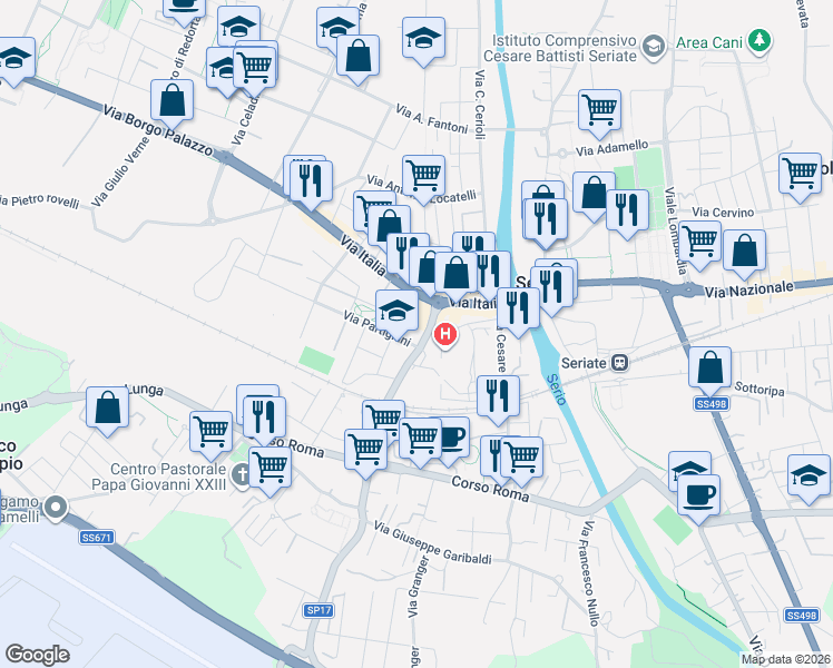 map of restaurants, bars, coffee shops, grocery stores, and more near 19 Via Paderno in Seriate