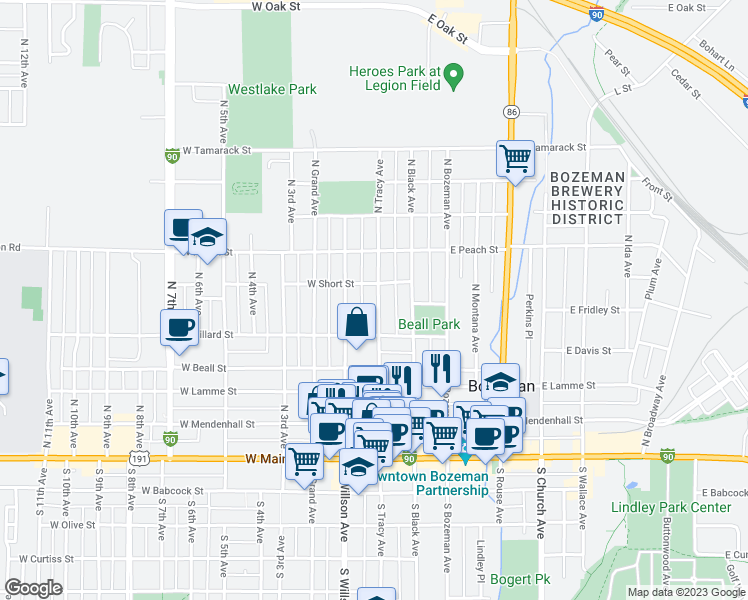 map of restaurants, bars, coffee shops, grocery stores, and more near 427 North Tracy Avenue in Bozeman
