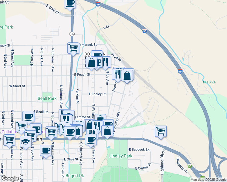 map of restaurants, bars, coffee shops, grocery stores, and more near 800 East Fridley Street in Bozeman