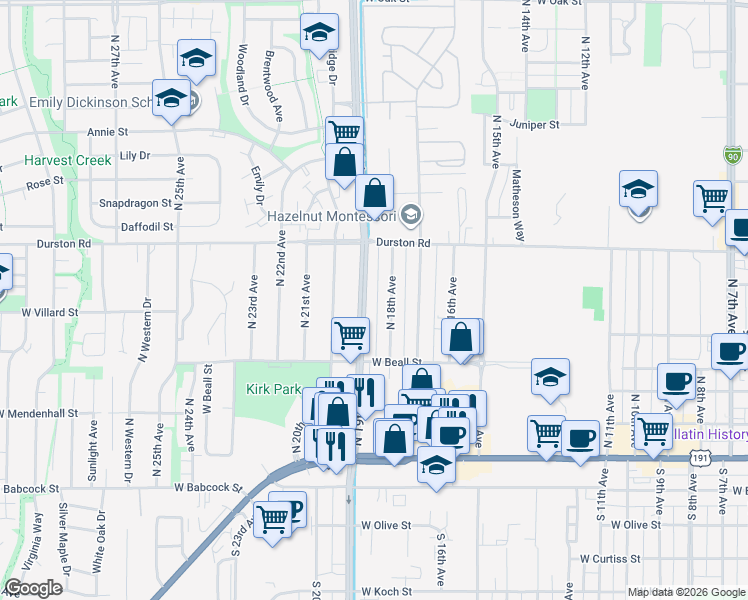 map of restaurants, bars, coffee shops, grocery stores, and more near 410 North 19th Avenue in Bozeman