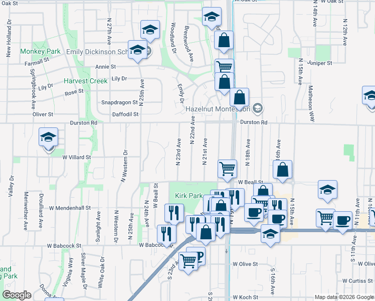 map of restaurants, bars, coffee shops, grocery stores, and more near 415 North 22nd Avenue in Bozeman