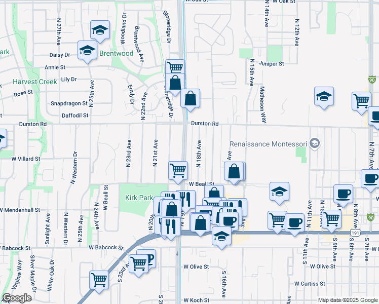 map of restaurants, bars, coffee shops, grocery stores, and more near 410 North 19th Avenue in Bozeman