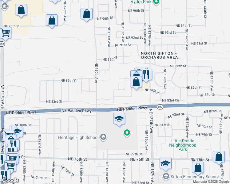 map of restaurants, bars, coffee shops, grocery stores, and more near 13209 Northeast 84th Street in Vancouver
