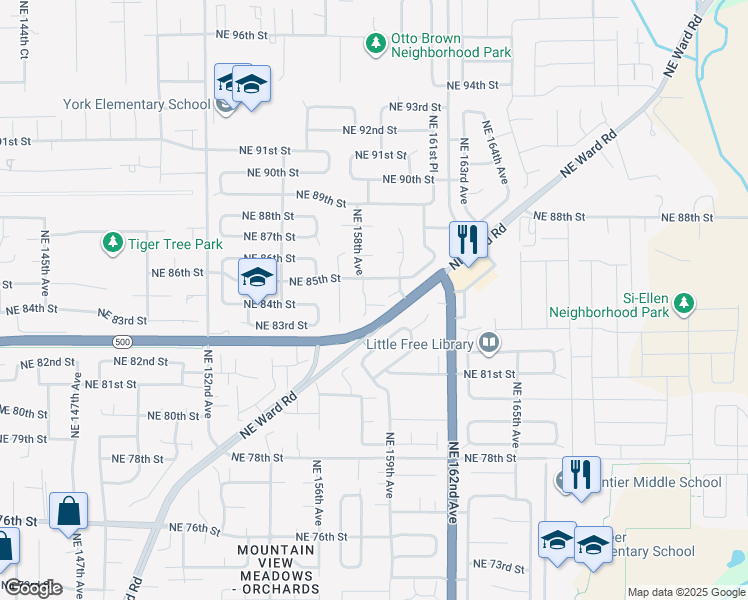 map of restaurants, bars, coffee shops, grocery stores, and more near 8411 Northeast 158th Avenue in Vancouver