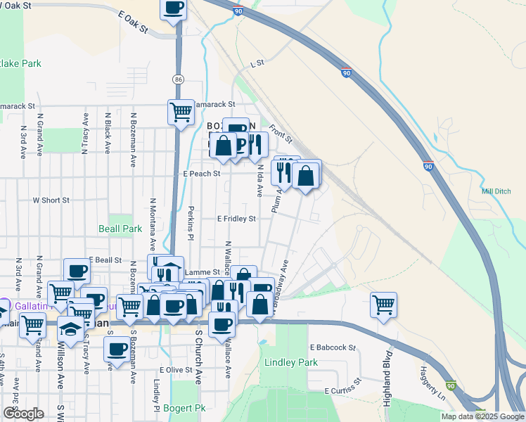 map of restaurants, bars, coffee shops, grocery stores, and more near 645-699 East Fridley Street in Bozeman