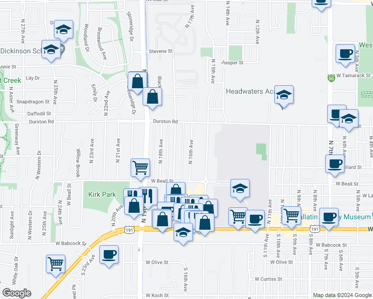 map of restaurants, bars, coffee shops, grocery stores, and more near 411 North 16th Avenue in Bozeman