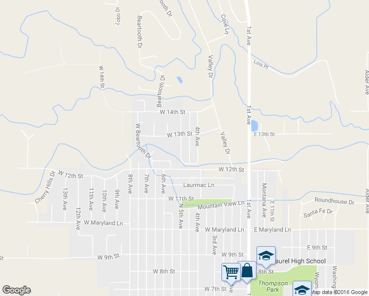 map of restaurants, bars, coffee shops, grocery stores, and more near 1225 North 5th Avenue in Laurel