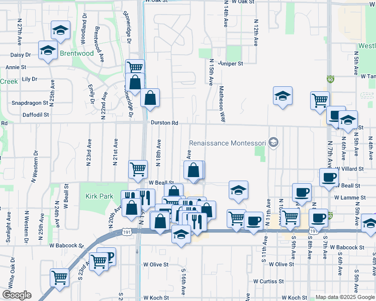 map of restaurants, bars, coffee shops, grocery stores, and more near 411 North 16th Avenue in Bozeman
