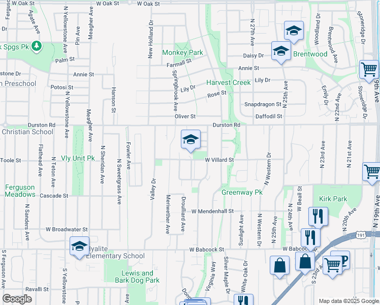map of restaurants, bars, coffee shops, grocery stores, and more near 3001 West Villard Street in Bozeman