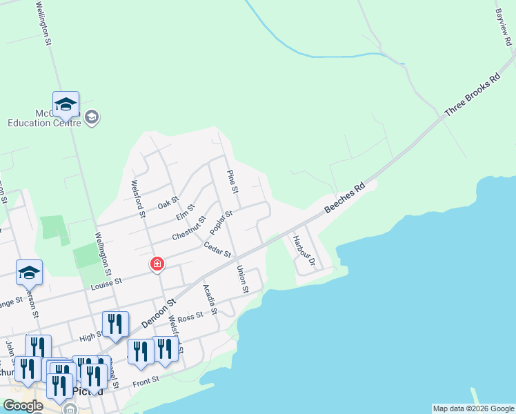 map of restaurants, bars, coffee shops, grocery stores, and more near 249 Poplar Street in Pictou