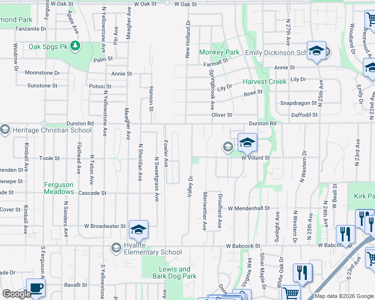 map of restaurants, bars, coffee shops, grocery stores, and more near 505 Valley Drive in Bozeman