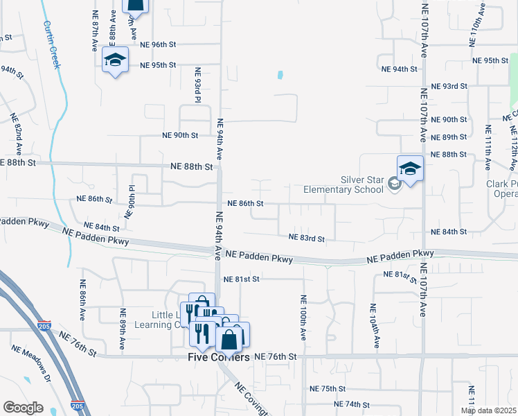 map of restaurants, bars, coffee shops, grocery stores, and more near 9606 Northeast 84th Way in Vancouver