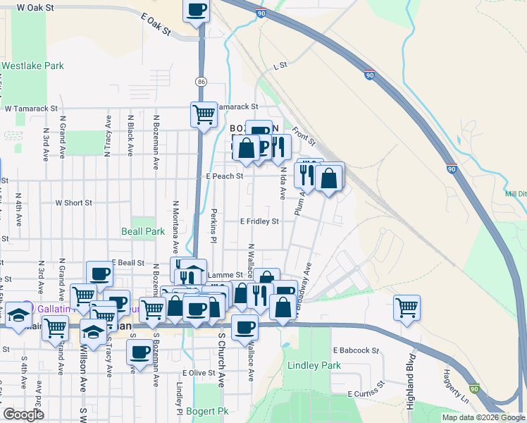 map of restaurants, bars, coffee shops, grocery stores, and more near 401 North Wallace Avenue in Bozeman