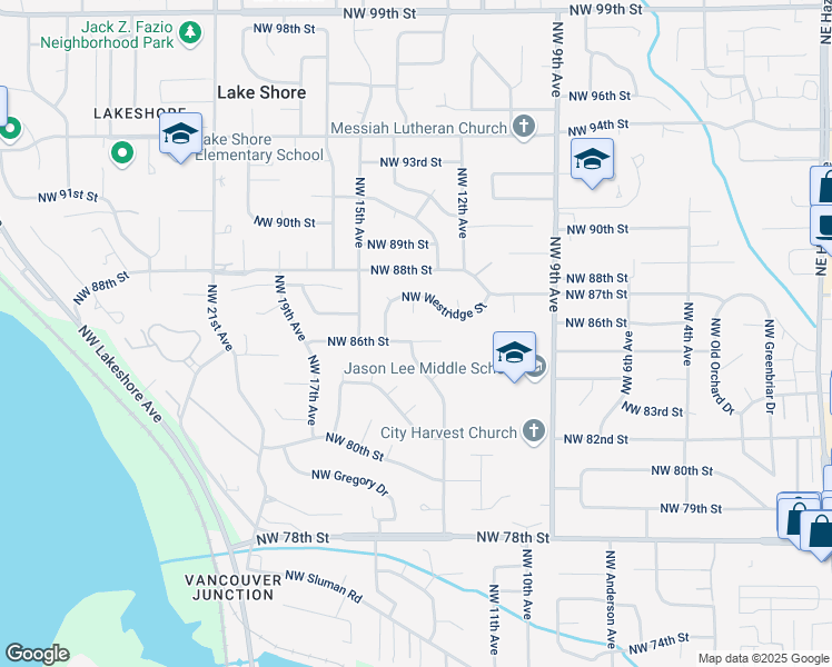 map of restaurants, bars, coffee shops, grocery stores, and more near 1304 Northwest 86th Street in Vancouver