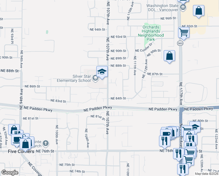 map of restaurants, bars, coffee shops, grocery stores, and more near 10614 Northeast 85th Circle in Vancouver