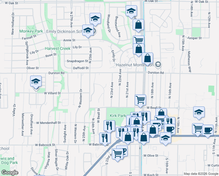 map of restaurants, bars, coffee shops, grocery stores, and more near Willow Brook in Bozeman