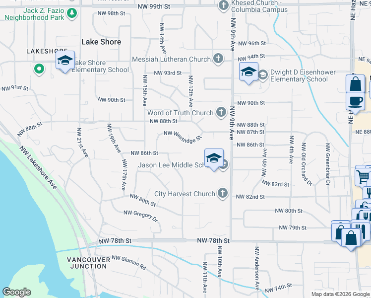 map of restaurants, bars, coffee shops, grocery stores, and more near 1117 Northwest 86th Circle in Vancouver