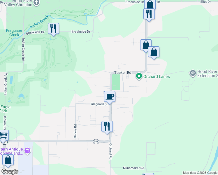map of restaurants, bars, coffee shops, grocery stores, and more near 1267 Tucker Road in Hood River