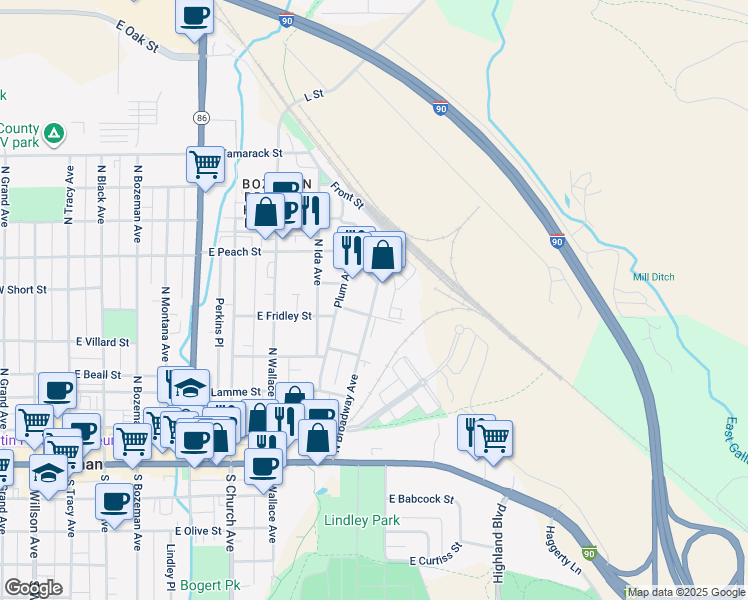 map of restaurants, bars, coffee shops, grocery stores, and more near 410 North Broadway Avenue in Bozeman