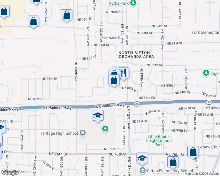 map of restaurants, bars, coffee shops, grocery stores, and more near 13500 Northeast 84th Street in Vancouver