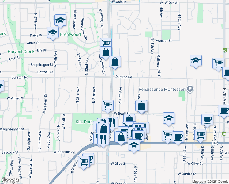 map of restaurants, bars, coffee shops, grocery stores, and more near 410 North 19th Avenue in Bozeman