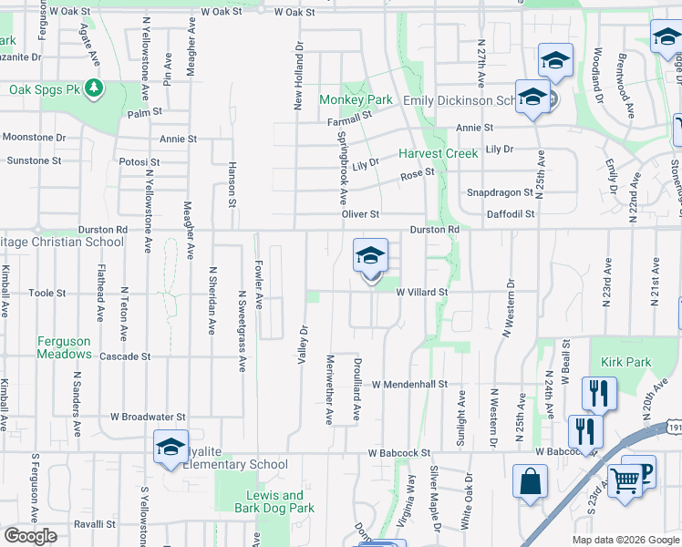 map of restaurants, bars, coffee shops, grocery stores, and more near 5200 Durston Rd in Bozeman
