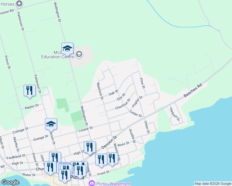 map of restaurants, bars, coffee shops, grocery stores, and more near 96 Cedar Street in Pictou