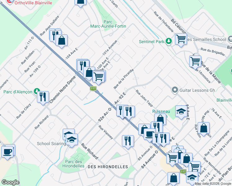 map of restaurants, bars, coffee shops, grocery stores, and more near 6 Rue de la Picardie in Blainville