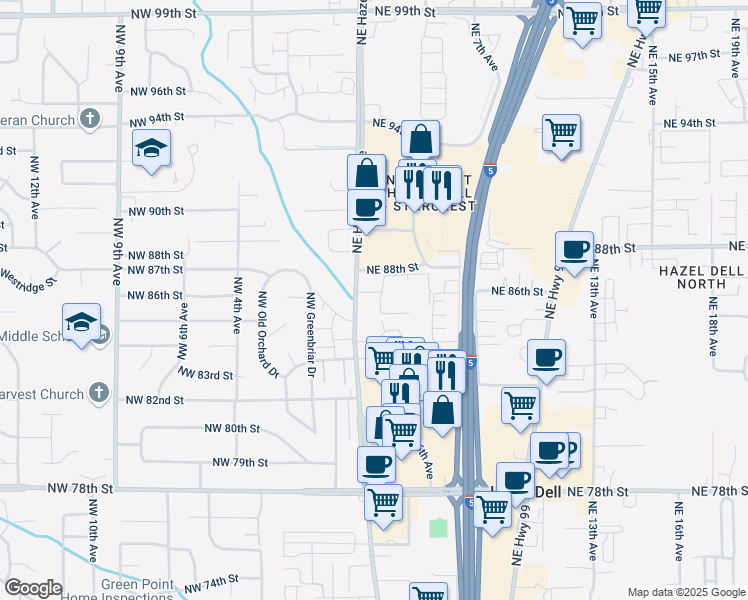 map of restaurants, bars, coffee shops, grocery stores, and more near 8515 Northeast Hazel Dell Avenue in Vancouver