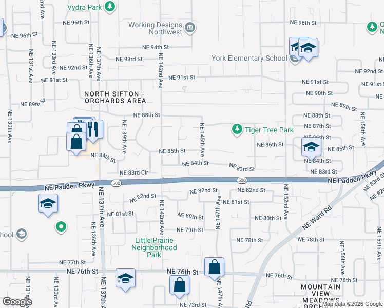 map of restaurants, bars, coffee shops, grocery stores, and more near 14405 Northeast 85th Street in Vancouver