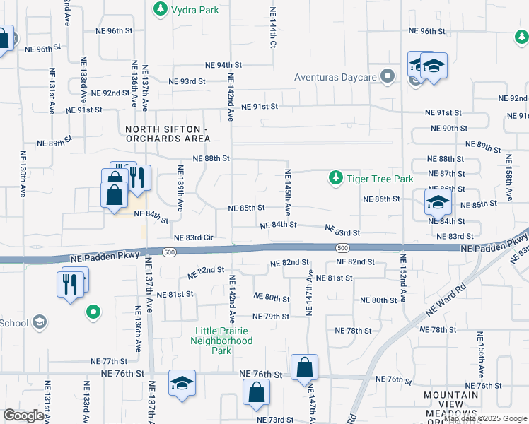 map of restaurants, bars, coffee shops, grocery stores, and more near 14404 Northeast 84th Street in Vancouver