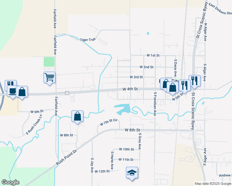 map of restaurants, bars, coffee shops, grocery stores, and more near 165 South Irving Avenue in Rush City