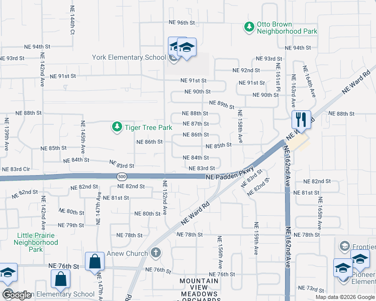 map of restaurants, bars, coffee shops, grocery stores, and more near 15415 Northeast 84th Street in Vancouver