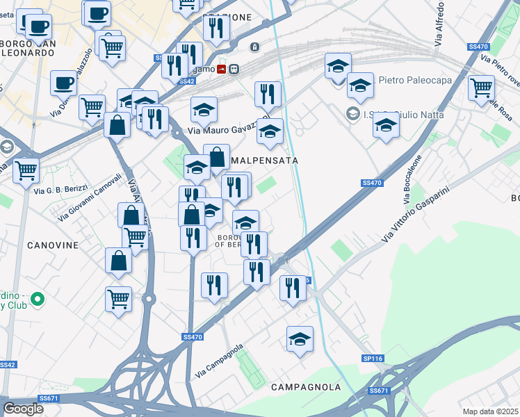 map of restaurants, bars, coffee shops, grocery stores, and more near 5 Via Giovannino De Grassi in Bergamo