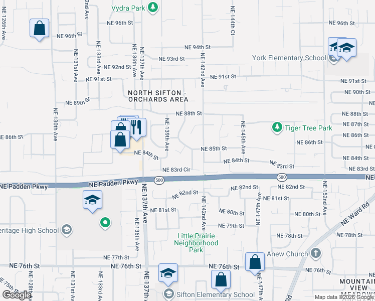 map of restaurants, bars, coffee shops, grocery stores, and more near 14011 Northeast 85th Street in Vancouver