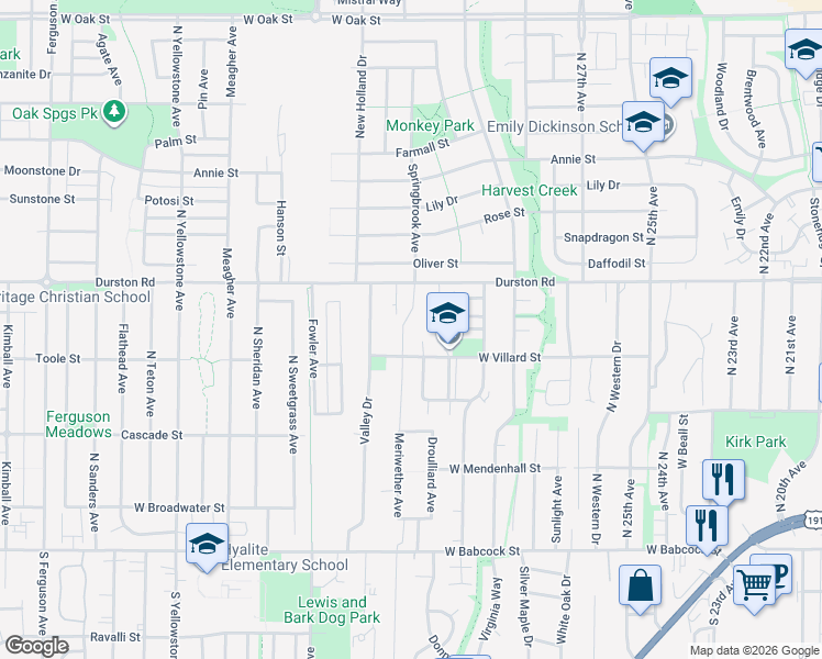 map of restaurants, bars, coffee shops, grocery stores, and more near 5200 Durston Rd in Bozeman