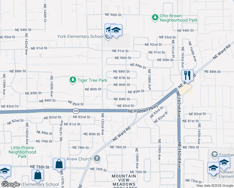 map of restaurants, bars, coffee shops, grocery stores, and more near 15403 Northeast 85th Street in Vancouver
