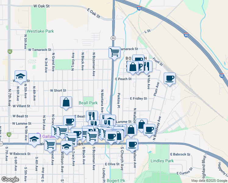 map of restaurants, bars, coffee shops, grocery stores, and more near 512 North Rouse Avenue in Bozeman