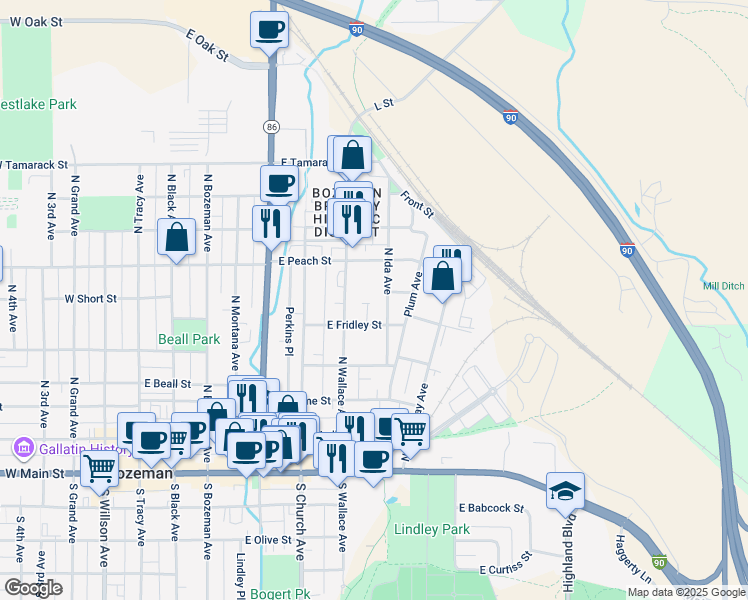 map of restaurants, bars, coffee shops, grocery stores, and more near 645-699 East Fridley Street in Bozeman